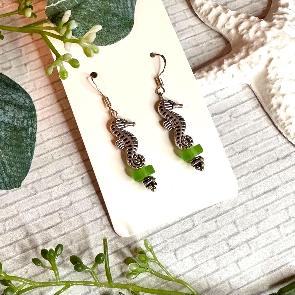 3/$25 Silver Sea Horse Earrings with Green Glass Beads